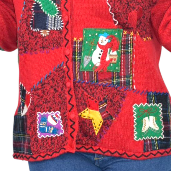 Designer Originals Ugly Christmas Cardigan Sweater Patchwork Plaid Snowman Large - Picture 13 of 16
